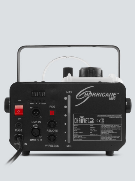H1600 HURRICANE 1600 FOG MACHINE, INCLUDES: FCT TIMED REMOTE CONTROL, HANGING BRACKET, MOUNTING HARDWARE