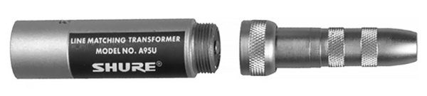 A95U TRANSFORMER; LOW Z, MALE XLR TO HIGH Z MC1M CONNECTOR WITH MATING 1/4" PHONE PLUG/JACK