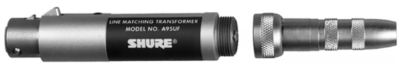 A95UF TRANSFORMER; LOW Z, FEMALE XLR TO HIGH Z MC1M CONNECTOR WITH MATING 1/4" PHONE PLUG/JACK