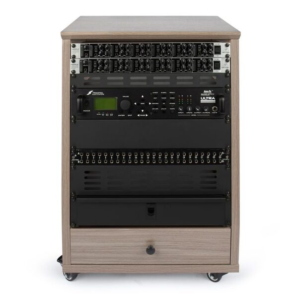 GFW-ELITESTUDIORK12-GRY ELITE FURNITURE SERIES 12U ANGLED STUDIO RACK WITH LOCKING CASTERS – DRIFTWOOD GREY FINISH