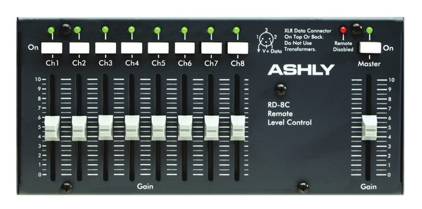 RW-8C FADER REMOTE, HARDWIRES TO ASHLY REMOTE-DATA-PORT, 8-CHANNELS + MASTER (WALL-MOUNT)