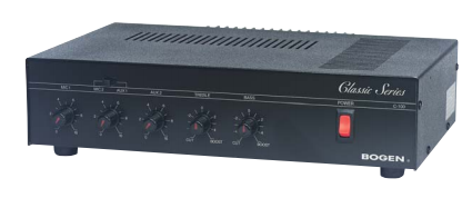 C100(BOG) 100W AMPLIFIER , 4 INPUTS: 1 MIC (LO-Z), 1 AUX (HI-Z), 1 TEL, PLUS 1 SELECTABLE MIC OR AUX