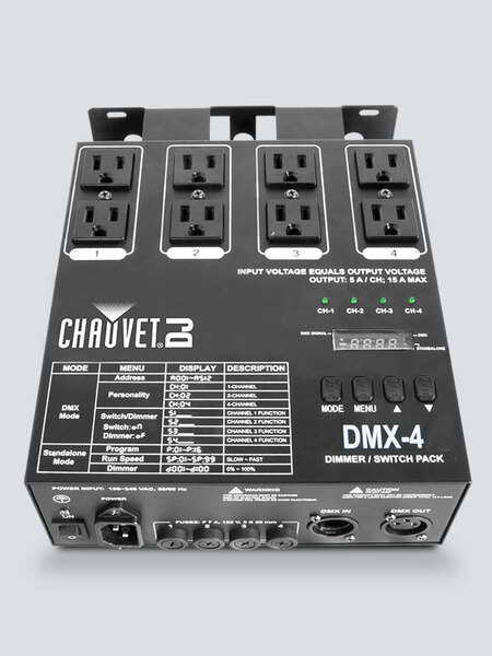 DMX4 DMX-4/4-CH DIMMER/RELAY PACK PROVIDING DMX CONTROL FOR ON/OFF OR DIMMING TO UNITS NOT EQUIPPED W/DMX