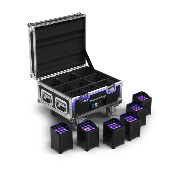 FREEDOMFLEXH9IPX6 COMPLETE LIGHTING PACKAGE, BUILT-IN RF RECEIVER, INCLUDES SIX HEX-COLORED LIGHTS+CHARGING ROAD CASE