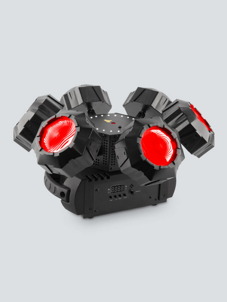 HELICOPTERQ6 MULTI-EFFECT LIGHT, ADJUSTABLE RGBW BEAMS, A ROUND SMD STROBE AND A RED/GREEN PATTERN