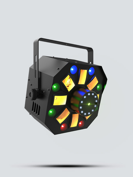 SWARMWASHFXILS COMBINES RGBAW ROTATING DERBY, RGB+UV WASH, RED/GREEN LASER, AND RING OF WHITE SMD STROBES