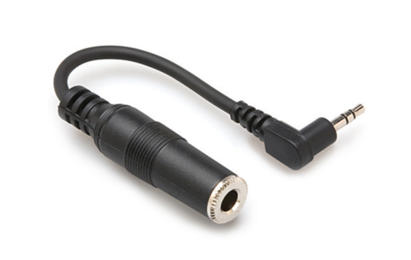 MHE-100.5 HEADPHONE ADAPTOR, 1/4 IN TRS TO RIGHT-ANGLE 3.5 MM, 6 IN