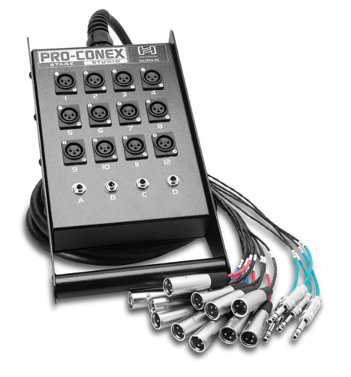 SH-12X4-50 PRO-CONEX STAGE BOX SNAKE, HOSA 12 X XLR SENDS AND 4 X 1/4 IN TRS RETURNS, 50 FT