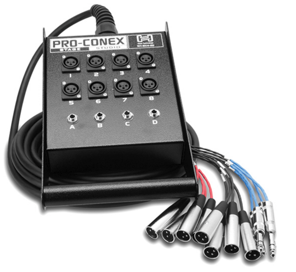 SH-8X4-25 PRO-CONEX STAGE BOX SNAKE, HOSA 8 X XLR SENDS AND 4 X 1/4 IN TRS RETURNS, 25 FT