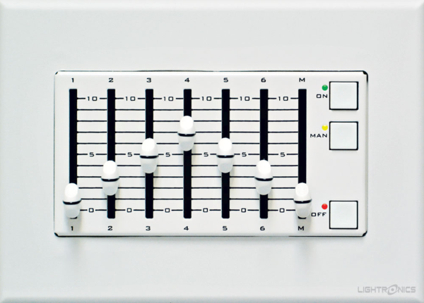 AF3107 6 SCENE FADER STATION WITH MASTER, FADER SCENE CONTROL, STATUS LEDS, 3 GANG BOX, WHITE ONLY