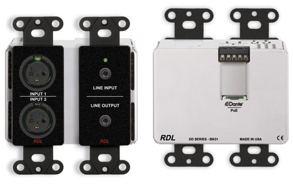 DDB-BN31 BI-DIRECTIONAL MIC/LINE DANTE INTERFACE 4 X 4 W/POE - 2 XLR IN, 1 MINI-JACK IN, 1 MINI-JACK OUT, 2 O