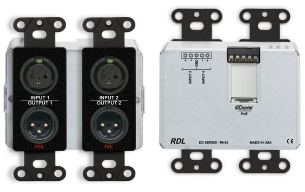 DDB-RN42 BI-DIRECTIONAL MIC/LINE DANTE INTERFACE 4 X 2 W/POE - SOFTWARE CONFIGURABLE - 2 XLR IN, 2 XLR OUT, 2