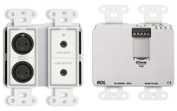 DDS-BN31C BI-DIRECTIONAL MIC/LINE DANTE INTERFACE 4 X 4 W/POE - 2 XLR IN, 1 MINI-JACK IN, 1 MINI-JACK OUT, 2 O