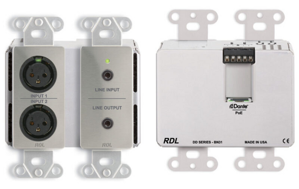 DDS-BN31 BI-DIRECTIONAL MIC/LINE DANTE INTERFACE 4 X 4 W/POE - 2 XLR IN, 1 MINI-JACK IN, 1 MINI-JACK OUT, 2 O