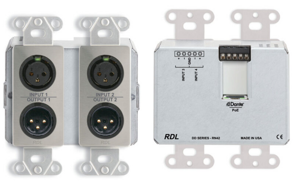 DDS-RN42 BI-DIRECTIONAL MIC/LINE DANTE INTERFACE 4 X 2 W/POE - SOFTWARE CONFIGURABLE - 2 XLR IN, 2 XLR OUT, 2