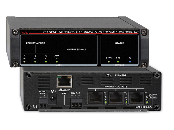 RU-NFDP NETWORK TO FORMAT A INTERFACE/DISTRIBUTOR - DANTE INPUT - 3 FORMAT A, 1 BALANCED LINE AUX OUTPUTS -