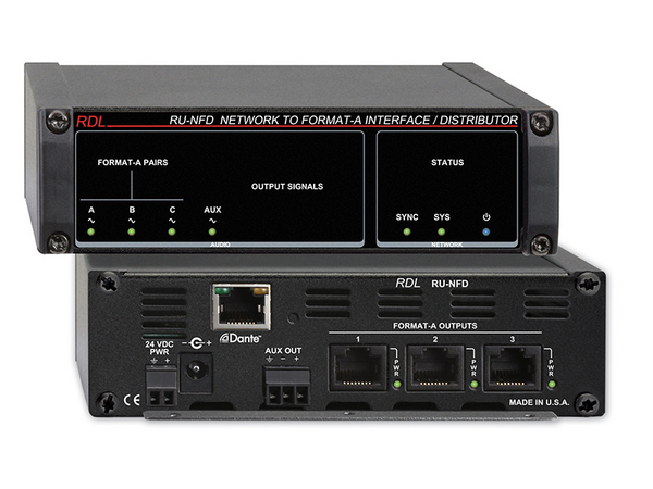 RU-NFD NETWORK TO FORMAT A INTERFACE/DISTRIBUTOR - DANTE INPUT - 3 FORMAT A, 1 BALANCED LINE AUX OUTPUTS