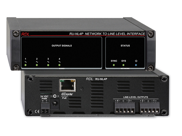 RU-NL4P NETWORK TO LINE LEVEL INTERFACE - DANTE INPUT - 4 BALANCED LINE OUTPUTS - WITH POE