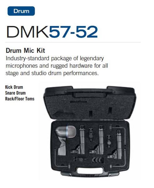 DMK57-52 DRUM MICROPHONE KIT: (3) SM57 MICS, (1) BETA 52A, (3) A56D DRUM-MOUNTING SYSTEMS, &  A CARRYING CASE