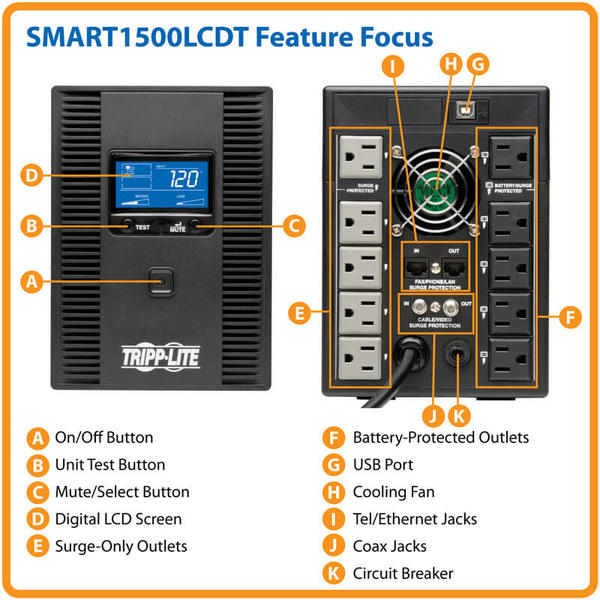 SMART1500LCDT 1500VA UPS SMART LCD TOWER BATTERY BACK UP AVR 120V USB COAX RJ45