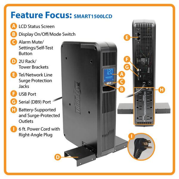 SMART1500LCD TRIPP LITE UPS BATTERY BACKUP SMART LCD 1500VA 900W AVR 2U RACK TOWER 120V 8 OUTLETS LCD