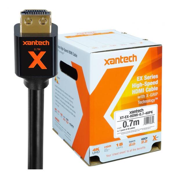 XT-EX-HDMI-0.7-40PK XANTECH EX SERIES BULK PACK (40) - HIGH-SPEED HDMI CABLE WITH X-GRIP TECHNOLOGY (0.7M)