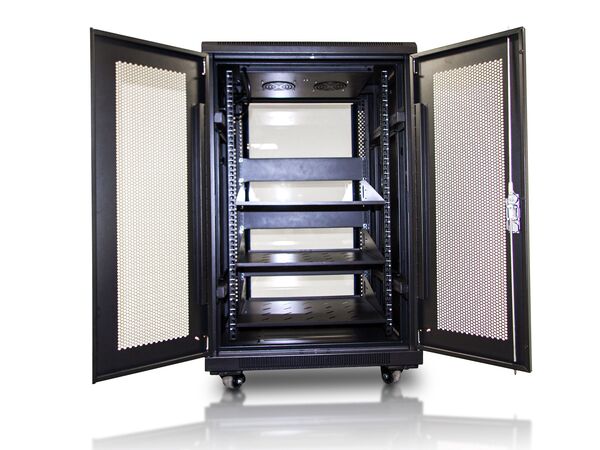RC18U 18RU FLOOR RACK ENCLOSURE: INCLUDES TEMPERED GLASS FRONT DOOR, DUAL VENTILATION FANS, 3X 2U SHLEVES