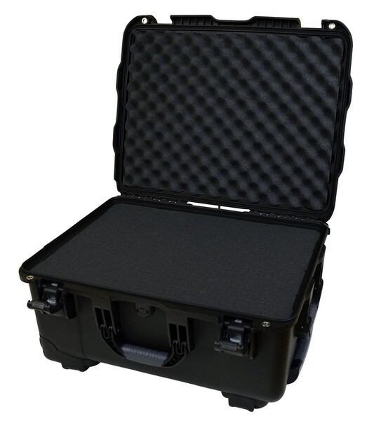 GU-2015-10-WPDF BLACK INJECTION MOLDED CASE WITH PULLOUT HANDLE, INLINE WHEELS, AND DICED FOAM