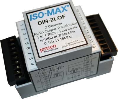 DIN-2LOF LINE OUTPUT ISOLATOR, 2-CHAN, HIGH OUTPUT +23 DBU @ 30 HZ. FORMERLY DIN-2LO-11FL