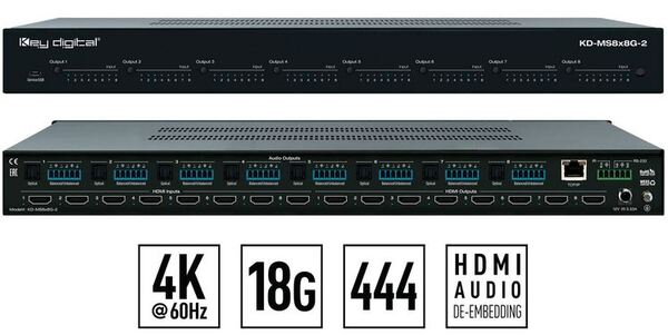 KD-MS8X8G-2 8 INPUT X 8 OUTPUT HDMI MATRIX SWITCHER, UHD/4K, HDCP2.2, AND INDEPENDENT AUDIO ROUTING