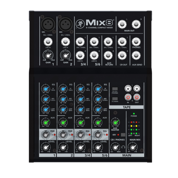 MIX8 8CH COMPACT MIXER, 2 MIC/LINE INPUT, 2 STEREO 1/4 INPUT, 1 AUX SEND W/ STEREO 1/4 RETURNS