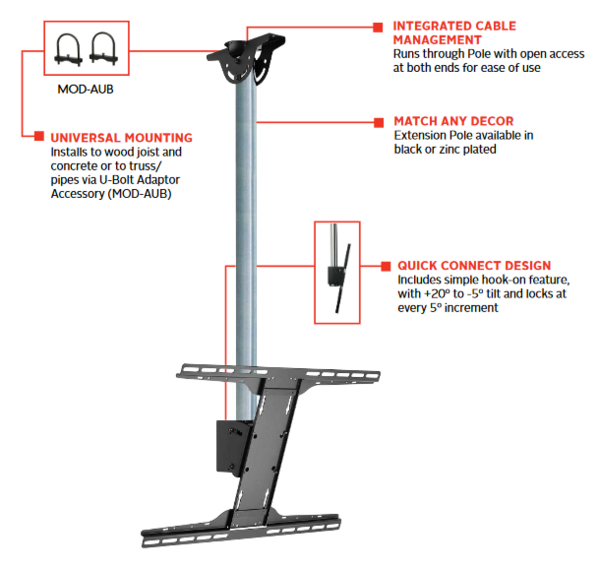 MOD-FPSKIT150 CEILING MOUNT FOR 39" TO 75" TV'S W/1.5M (59") CHROME POLES