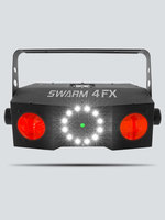 SINGLE FIXTURE INCLUDES QUAD-COLOR (RGBA) DUAL MOONFLOWERS, A RED/GREEN LASER, AND A WHITE STROBE