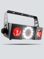 SINGLE FIXTURE INCLUDES QUAD-COLOR (RGBA) DUAL MOONFLOWERS, A RED/GREEN LASER, AND A WHITE STROBE